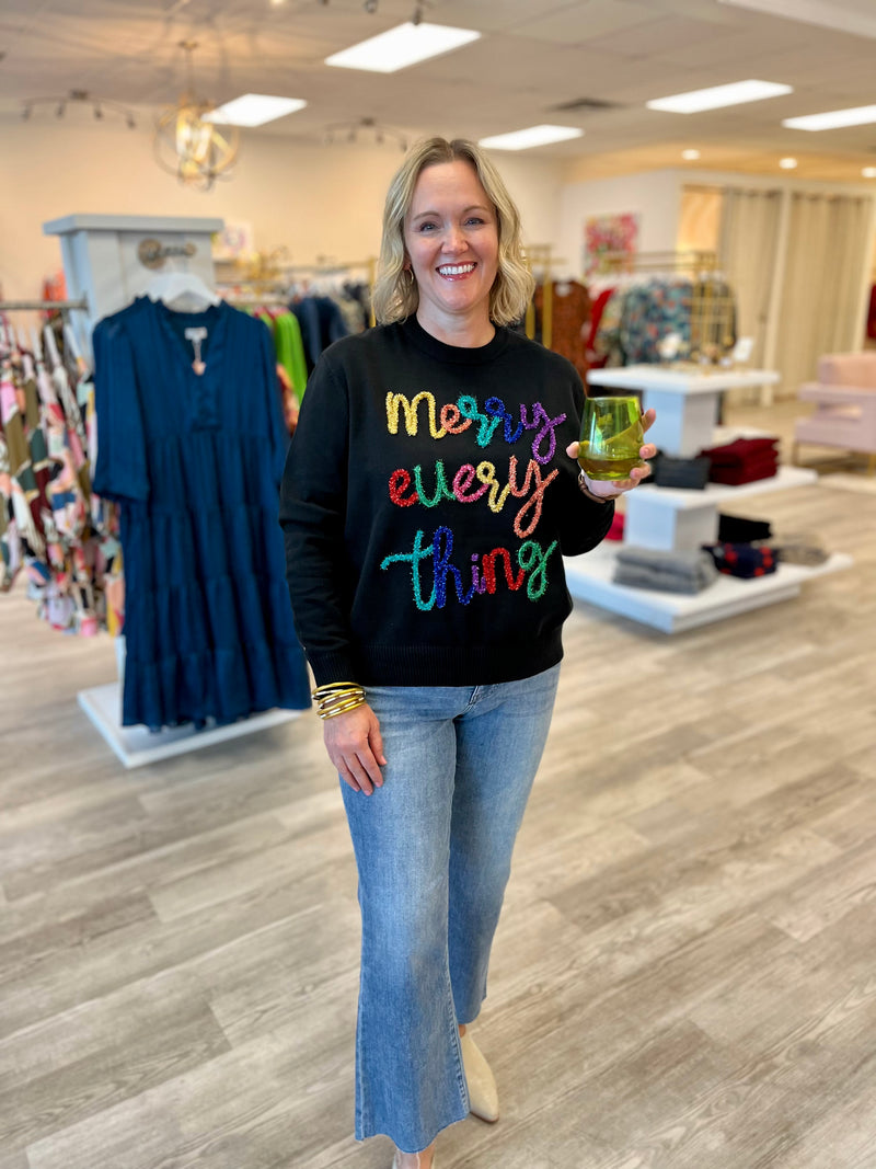 Merry Everything Sweater | Black Glitter Script