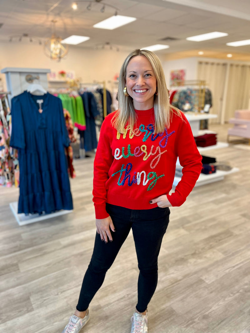 Merry Everything Sweater | Red Glitter Script
