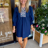 Navy Floral Trim Dress