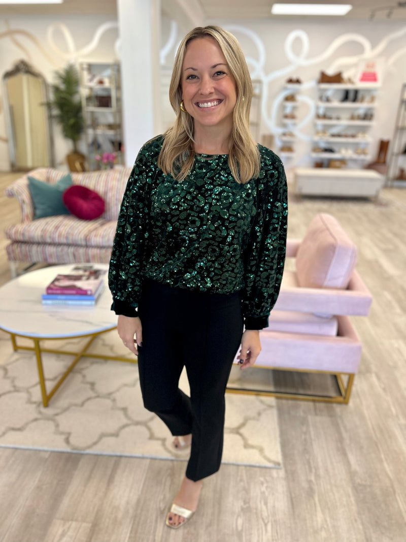 Celeste Top | Green Sequin Cheetah