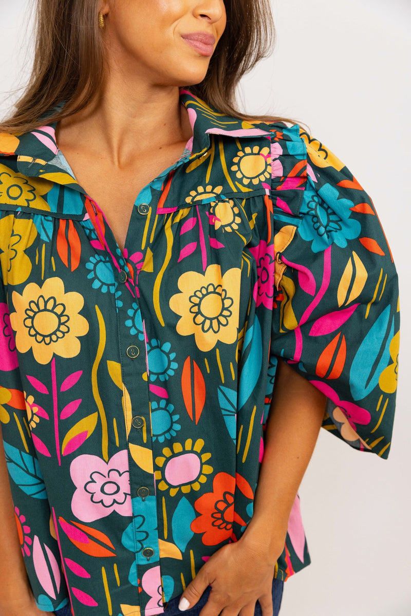 Retro Floral Ruffle Top