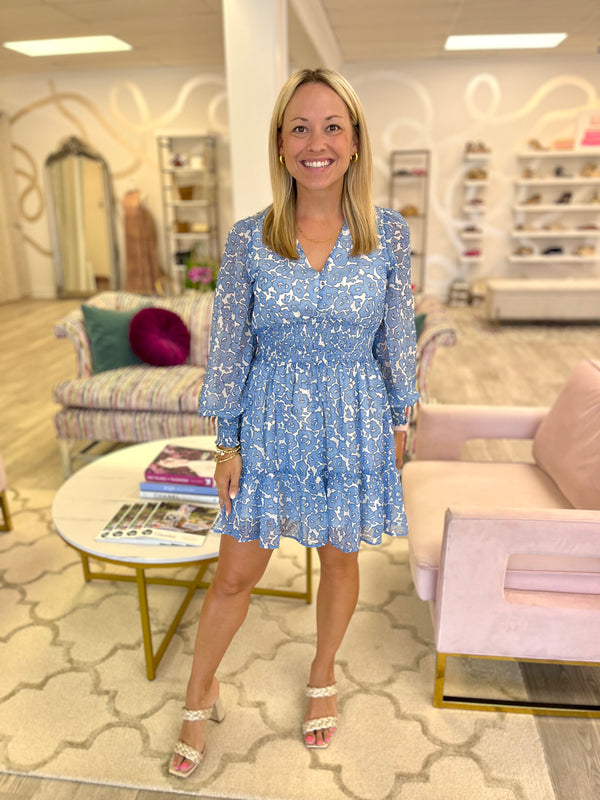 Blue Flower Smocked Waist Dress