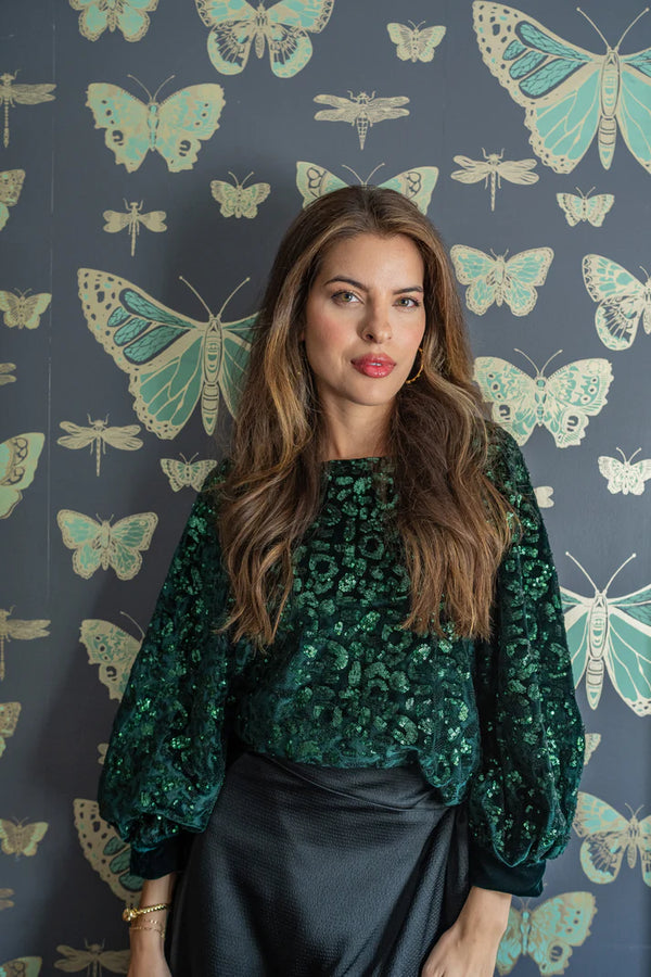 Celeste Top | Green Sequin Cheetah