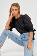 Bow Band Puff Sleeve Top | Black