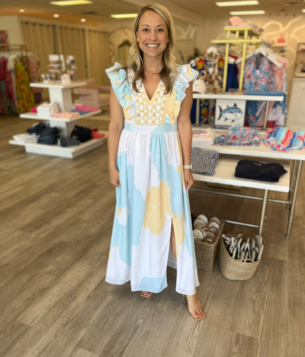 Stacey Dress | Soft Blue Palms